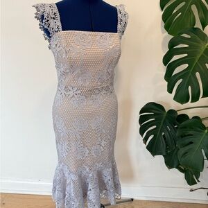 AKIRA Light Gray Lace Mermaid Midi Dress